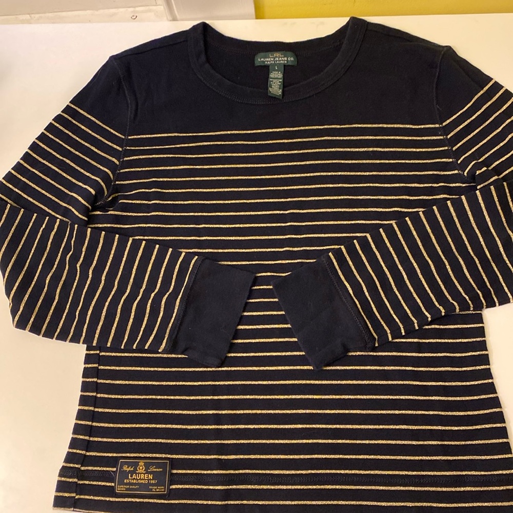 Ralph Lauren Jeans Dark Navy/Black and Gold Striped 3/4 Sleeve T Shirt Sz L
